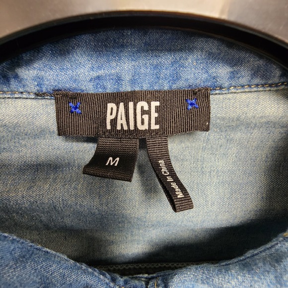 Paige Medium Denim Blue Chambray Dress Womens Medium Button Front Tie Waist Mini - Picture 5 of 13